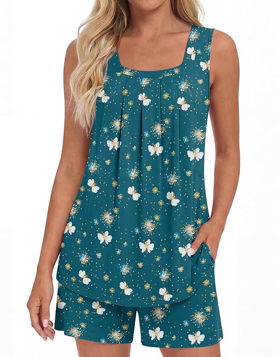 LONGYUAN Womens Sleeveless Pajama Set Soft Summer Lounge Shorts Tank Top Sleepwear with Pockets 2 Piece Set M-3XL