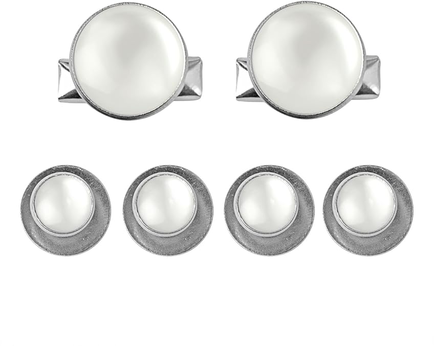 ButtonMode Tuxedo Shirt Studs and Cufflinks, White with Silver Color Trim, 6 Piece Complete Set (4 Studs for Front, 2 Cufflinks for Sleeves) with 2 Backup Cufflinks, Stainless Steel and Enamel, 1-Set