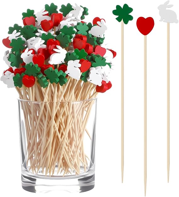 Yungyan 300 Pcs St Patrick's Day Easter Cocktail Picks Bulk 4.7" Clover Bunny Rabbit Toothpicks Bamboo Skewers for Drinks Appetizers Decorative Party Supplies