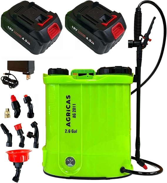 Battery Powered Backpack Sprayer-18V Dual Battery 2.6 Gal, Adjustable 0-100 PSI Pressure, 7 Nozzles, Telescopic Wand, Electric Sprayer, Lawn & Garden Use