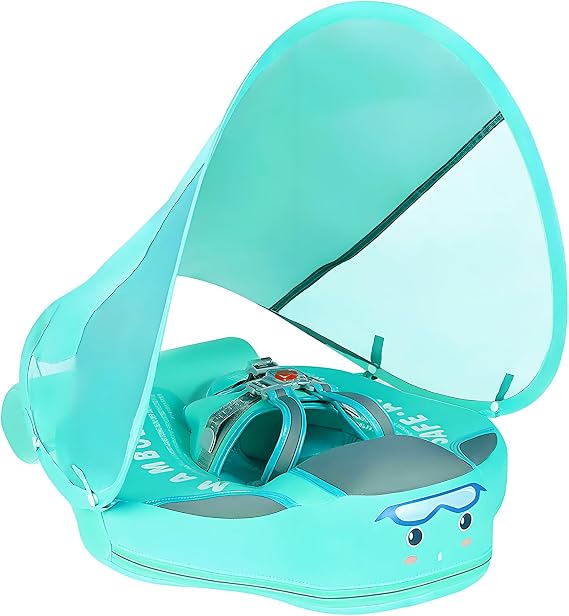 Mambobaby マンボベイビー 空気注入式ベビープールフロート 尻尾とキャノピー付き UPF 50+ 日焼け防止 フリップオーバーなし 乳児用浮き輪 肌に優しいマンボフロートスイムトレーナー ソリッドベビースイミングリング