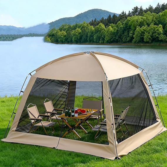 Outdoor Screen House Tent, Canopy Tent with Mesh, Khaki, 210D Oxford Cloth with PU Coating, 2.6m x 2.6m x 2.1m, UV Protection, Mesh Sunshade for 4-6 People, Camping