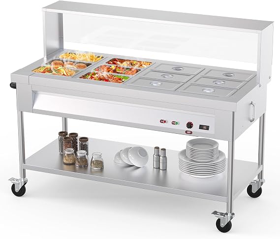 96QT Electric Commercial Food Warmer, 12x8QT Steam Table Stainless Steel Bain Marie w/Acrylic Shield Overshelf Undershelf Temperature Control & Lid for Buffet Party Restaurant 1500W 110V