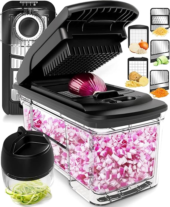 Fullstar PRO XL Vegetable Chopper & Mandoline Slicer - 6 Stainless Steel Blades - Dicer, Julienne Cutter & Grater - Dishwasher Safe, BPA-Free (Master 6-in-1, SS Black)