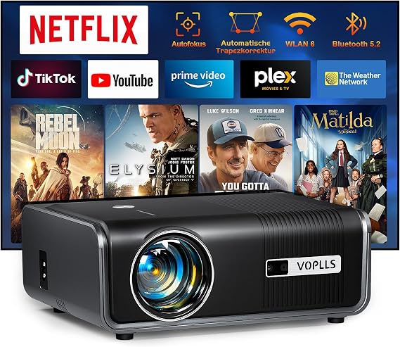 Smart Beamer 4k [Offiziell APP & Dolby Audio] VOPLLS Autofokus/Trapezkorrektur 30000 Lumen Projektor WiFi6 Bluetooth Full HD 1080P Beamer Heimkino/Outdoor für Handy/PC