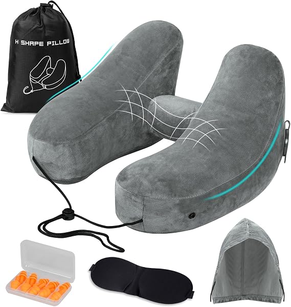 Aeroplane Neck Pillow Inflatable Neck Pillow with Hood Adult Neck Pillow Car Travel Pillow Quick Inflatable Neck Pillow Travel Pillow (Grey)