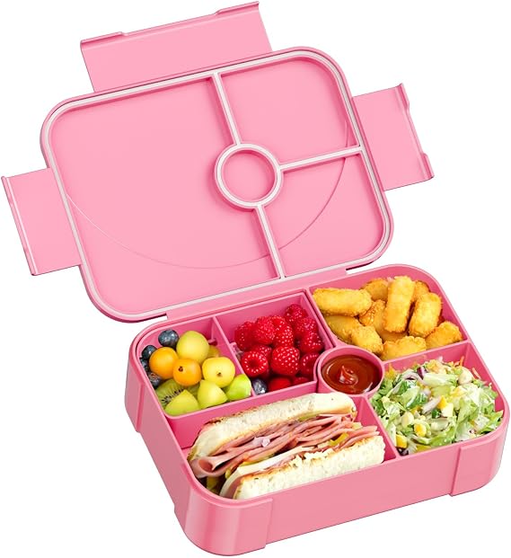 LEIKEEGO Lunch Box, Leak-Proof Bento Lunch Box Kids, Snack Box with 6 Compartment for Kids/Adults/School/Work(Pink)