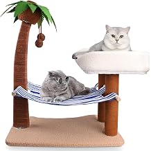 Cat Scratch Post with Hammock,29.5 Inches Tall Cat Scratcher with Cat Bed for Indoor Cats,Sisal Rope Cat Tree Scratching Post Tall with Hanging Ball for Small Cat Kitten