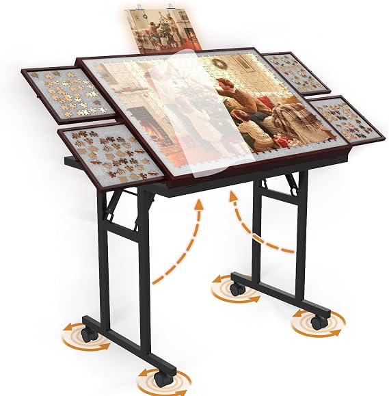 Folding Jigsaw Puzzle Table 1500 Pcs with 5 Angles, Drawers, Cover, Wheels | Wooden Frame, 5 Adjustable Angles, Wheels for Easy Move, 4 Storage Drawers, Dustproof Cover, Fits All Ages