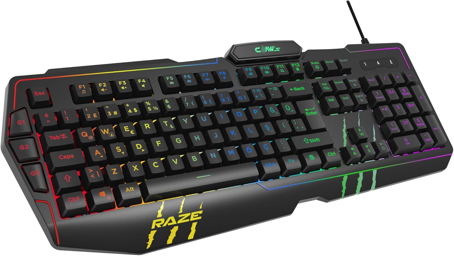 Claws Raze RGB Software & External G-Macro Key - Laser Printed Custom ABS Material - Mesh Wired Membrane Player Keyboard