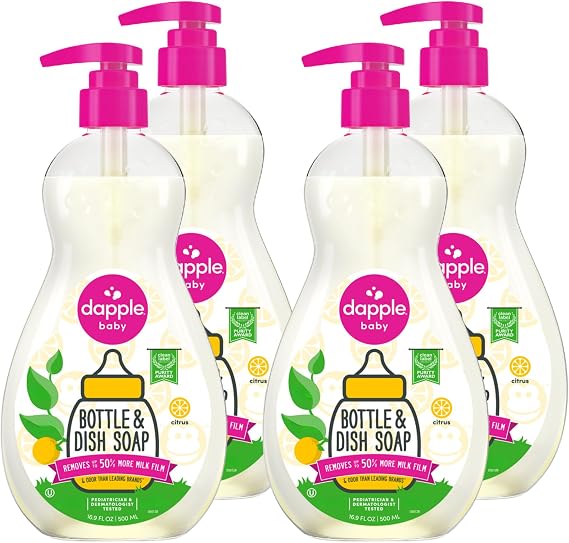 Dapple Baby Fresh Citrus Bottle & Dish Soap - (4 Pack) 16.9 fl oz - Cleans Baby Bottles, Sippy Cups, Pacifiers, Breast Pumps, More - Gently Removes Milk Film & Odors - Includes 1 Pump