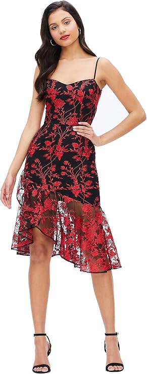 Dress The Population Womens Cantrelle Sweetheart Neckline Bodycon Asymmetrical Ruffle Hem DressDress