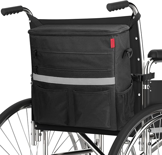 Wheelchair Bag - 600D Oxford Storage Organizer with Tablet Sleeve, Multiple Pockets & Reflective Strip, Detachable Strap