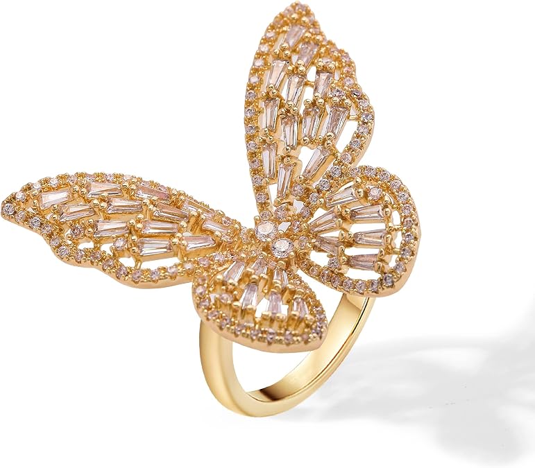 Butterfly Rings for Women Adjustable Golden Cocktail Ring Sparkly Stones Statement Silver Bow Open Wrap Bow Jewelry Bridesmaids Wedding Valentines Day Gift Lover Mother