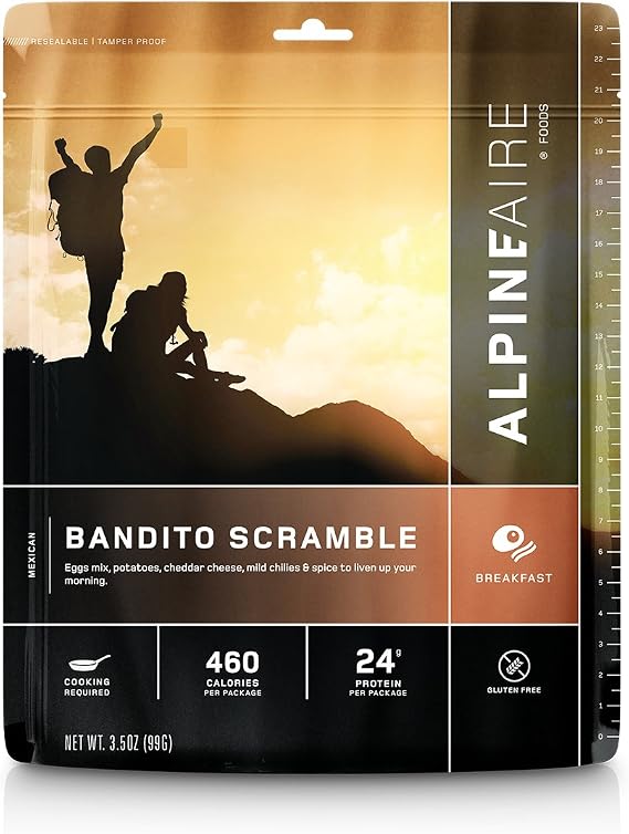 AlpineAire Bandito Egg Scramble Freeze Dried/Dehydrated Breakfast Meal Pouch, add Water and Cook in pan, 2-Servings per Pouch, 12g of Protein per Serving
