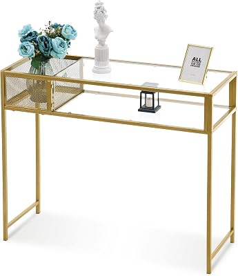 ivinta Glass Console Table with Storage, Modern Enterway Table with Tempered Glass and Gold Metal Frame for Living Room, Hallway, Entrance, CONS-76 Clear and Gold