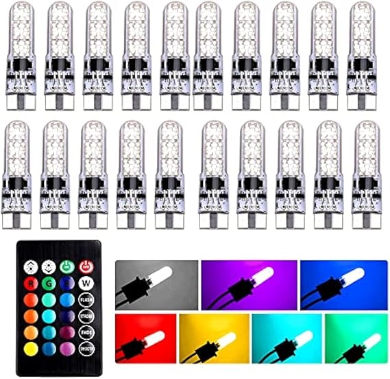 Car T10 RGB LED Bulb Width Light with Remote Control W5W 194 168 2825 Strobe Light 16 Colors 5050 Wedge Replacement for Car Interior Map Dome Door License Plate Light Reading Lights (20PCS)