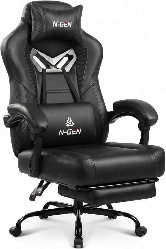 N-GEN GAMING Big & Tall Gaming Chair, Footrest, Lumbar Support, Dark Black