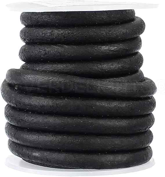 CleverDelights 6mm Black Leather Cord - 10 Feet - 1/4" Round Genuine Leather Cord