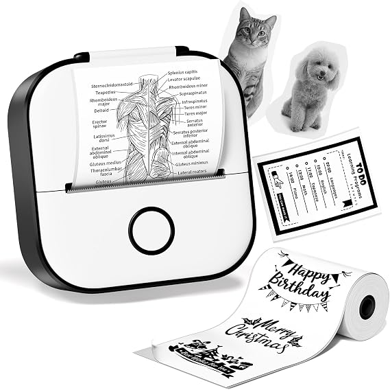 Ponek Mini Sticker Printer - T02 Mini Printer Sticker Maker, Print Pod with 1 Roll Paper, Thermal Portable Sticky Note Pocket Machine for Journal, Photos, Notes, Diagrams