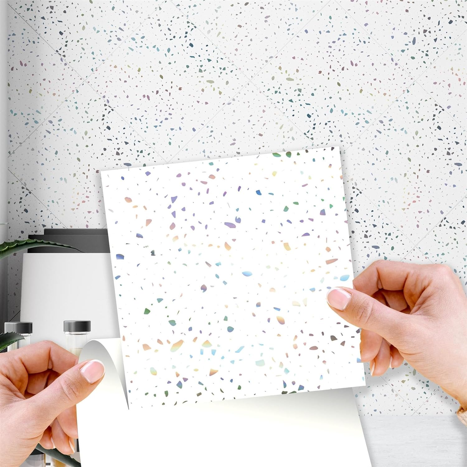 WALPLUS 15cm6"" 24pcs Terrazzo Holographic Glitter Silver Wall Tile Sticker, Self Adhesive Wall Tiles Stickers for Kitchen Bathroom Tile, WT1604 Colors May Vary