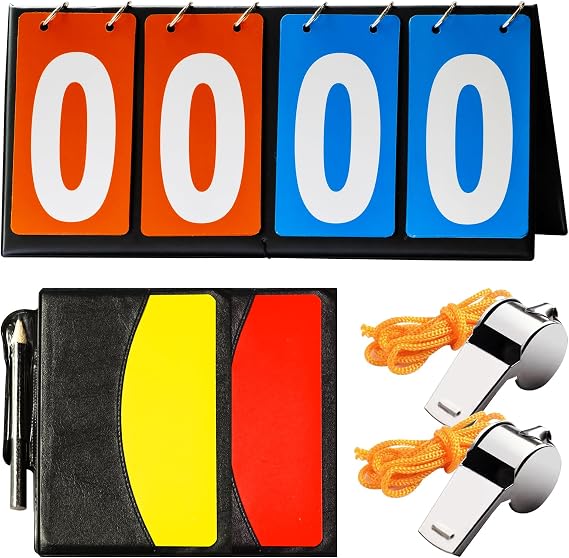 10Pcs Soccer Referee Kit Contain 4-Digital Portable Table Top Scoreboard Flipper, Stainless Steel Sports Whistles, Red Yellow Cards with Notebook for Football Soccer