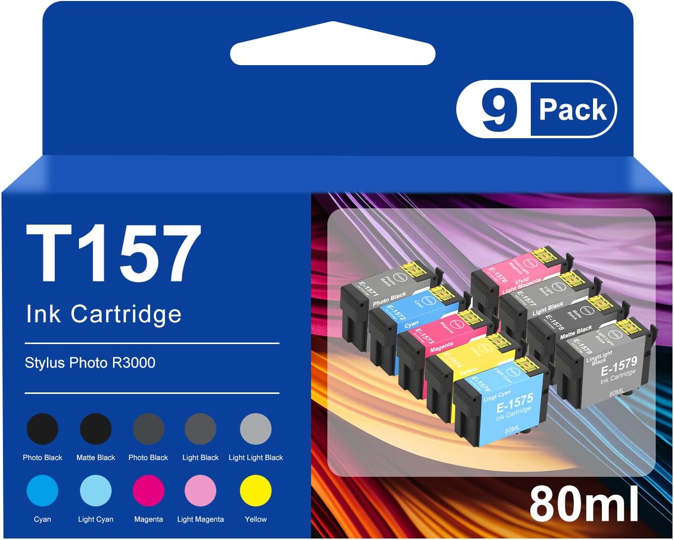 157 T157 Ink Cartridge Compatible for Epson Stylus Photo R3000 Printer | 80ML, 9 Pack