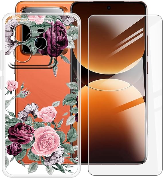 Clear Case for Realme GT 7 Pro (6.78") with 1 x Tempered Glass Screen Protector, Slim Soft TPU Shockproof X Anti-Scratch Phone Cover for Realme GT 7 Pro - Red Rose
