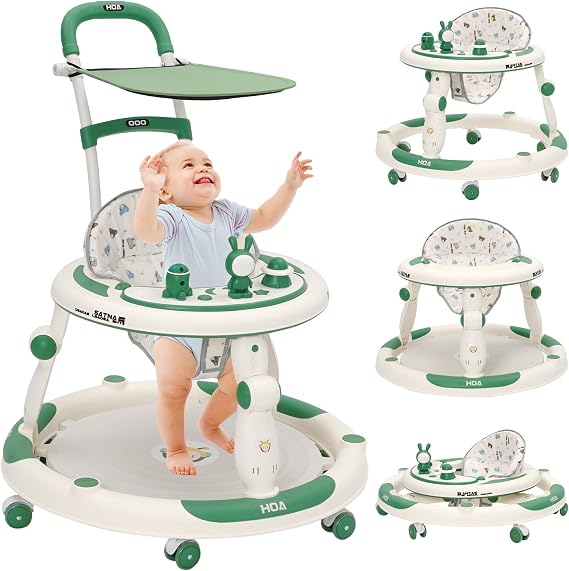 3 in 1 Foldable Baby Walker,Kids Sit and Stand Activity Walker Height Adjustable with Sunshade,360° Quiet Wheels,Parent Handle,Dinner Tray,Music Game Play Center,Gift for Girls Boys Toddler 7 Months+