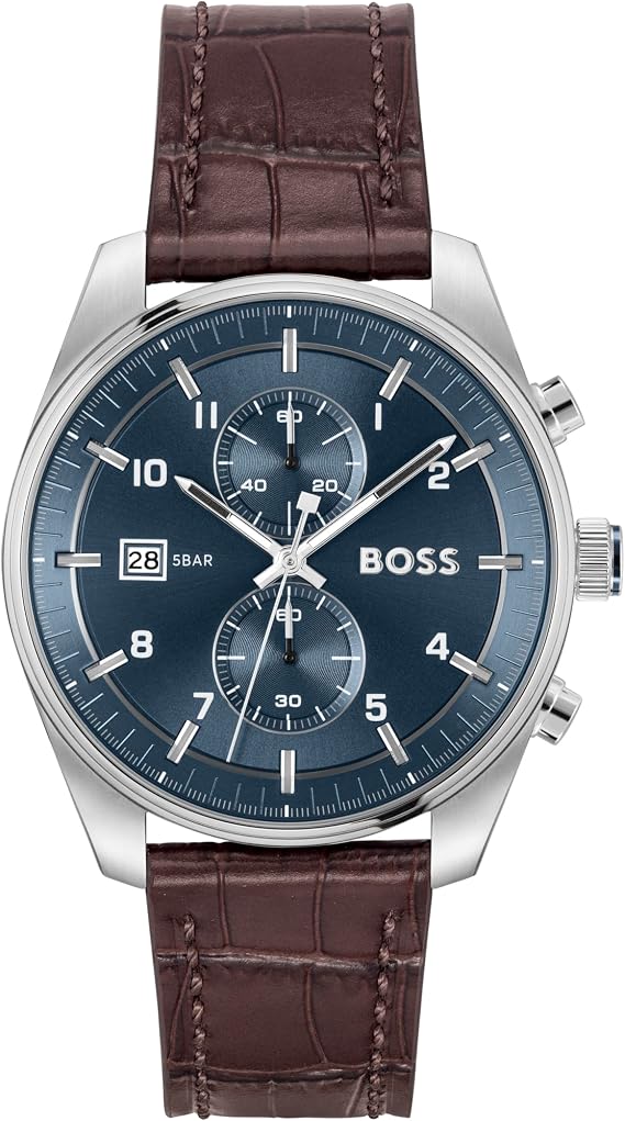 BOSS Chronograph Quartz Watch for Men SKYTRAVELLER Collection with Leather or Stainless Steel Strap