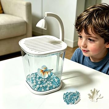 Portable Fish Tank, Small Fish Tank, 0.45 Gallon Fighting Fish Tank, Suitable for Office, Home and Travel Fish Tanks, Including Pearl Coral Decoration, Equipped with LED Lights and USB Plug