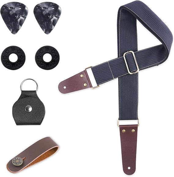 Adjustable Guitar Strap Includes 2 Strap Locks & 2 Matching Picks & 1 Picks Holder & 1 leather Strap Button.