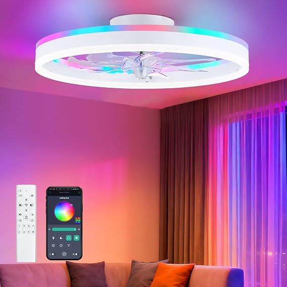 19.7" Ceiling Fans with Lights, Smart RGB Color Changing Low Profile Ceiling Fan, Modern Flush Mount Fandelier with Remote and APP, 6 Speeds, Quiet DC Motor, for Living Room, Bedroom, Indoor