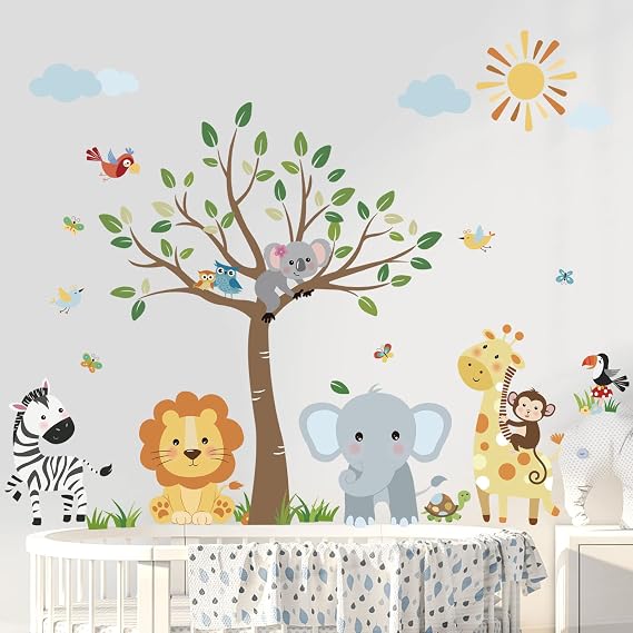 decalmile Wall Sticker Jungle Forest Animals Tree Wall Sticker Elephant Monkey