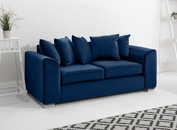 Sofahub Dylan Blue Plush Velvet 3 Seater Scatterback Sofa | Upholstered Couch with Foam Cushions & Chrome Feet | Modern Living Room Sofa