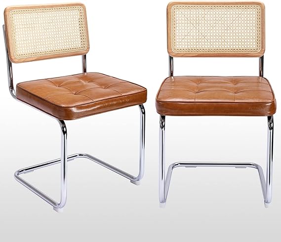Zesthouse Natural Rattan Dining Chairs Set of 2, Mid Century Modern Dining Room Chairs with Chrome Leg, Faux Leather Kitchen Chair with Solid Wood Back & Cane Mesh, Breuer Cesca Design Inspired, Brown