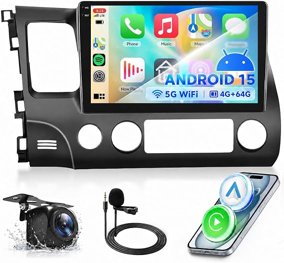 Podofo 4G+64G Incell Screen Car Stereo for Honda Civic 2006-2011 Radio | Android 15 10.1 inch Touchscreen 5G WiFi Wireless CarPlay/Android Auto Bluetooth DSP FM/RDS Backup Camera GPS SWC