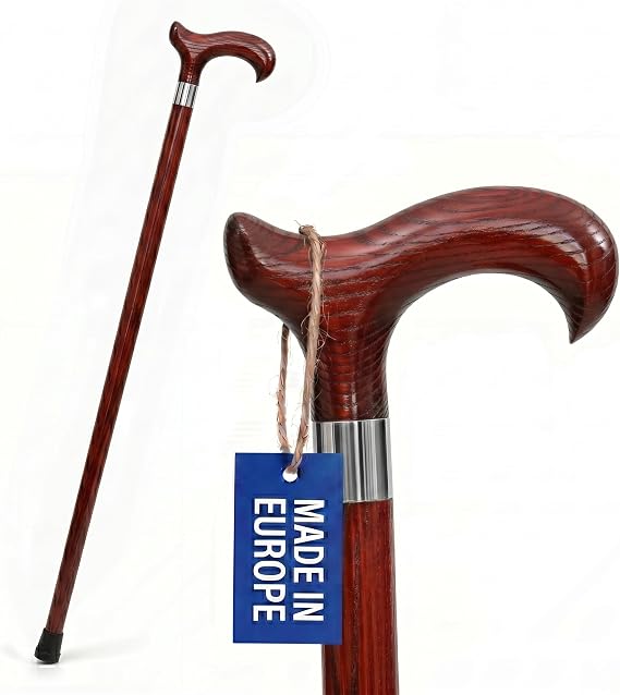 Dr. Watson Classic Derby Walking Stick - Handcrafted Ash Wood Cane with Polished Stainless Steel Collar