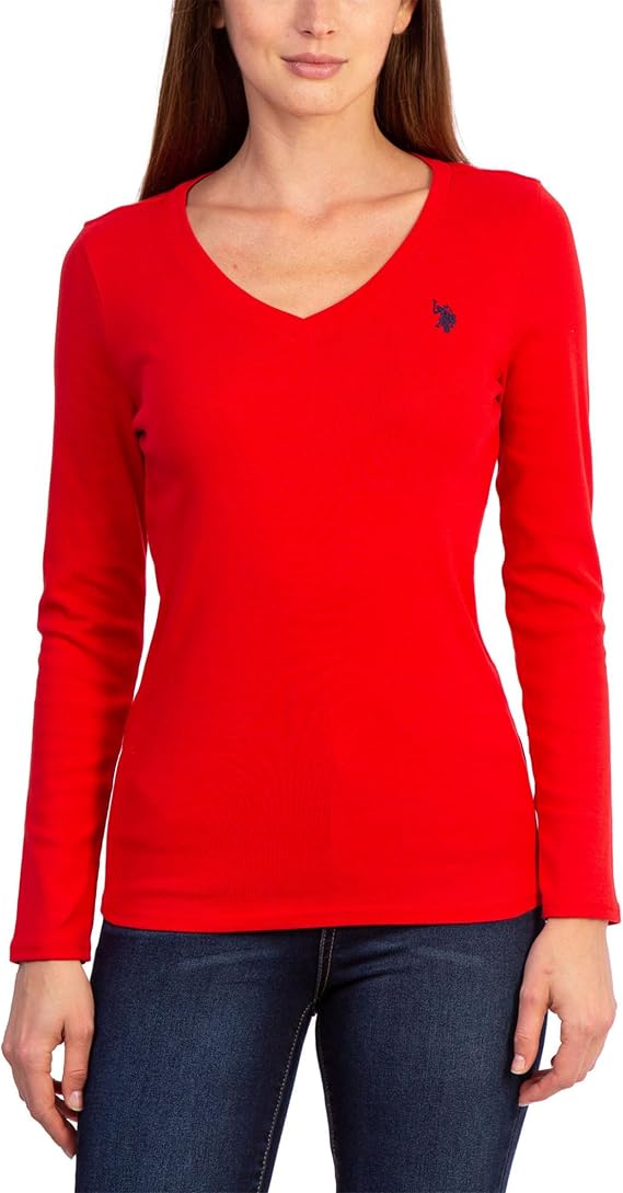 U.S. POLO ASSN. USPA Long Sleeve Rib V-Neck Tee Engine Red SM