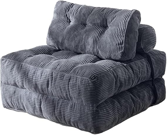 Folding Sofa Bed, Convertible Sleeper Chair with Pillow Foldable Mattress with Back Support, Portable Fold Out Chair Bed Comfy Floor Sofa Lounge for Living Room Bedroom, Dark Grey