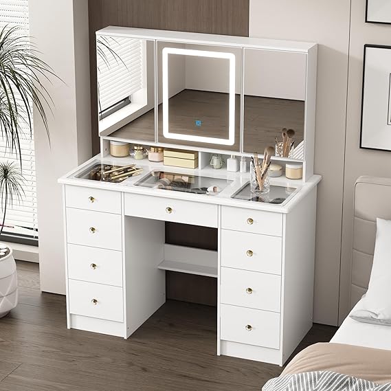 Large Vanity Desk with Open Mirror and Glass Tabletop, Vanity Desk with Mirror and Lights, Drawers and Shelves, Crystal Handles, Cushion Stool not Included, White (110cm W x 50cm D x 136cm H)