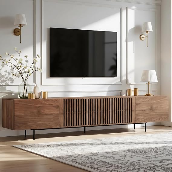 Walnut 240cm Wide TV Stand Unit, Extra Large Fluted Wooden TV Cabinet with Storage, Long Media Unit for Living Room or Bedroom 65 75 85 100 Inch TVs