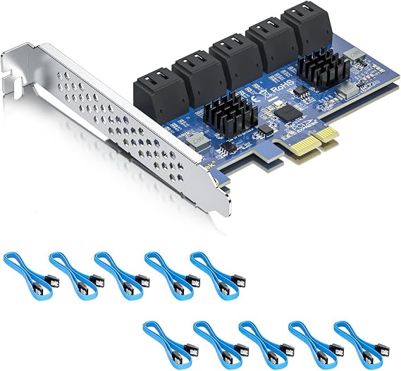 10Gtek 10-Port PCIe SATA Expansion Card, SATA3.0 6Gbps Controller with 10x SATA Cables, JMicron JMB582 Chipset, Supports Non-RAID HDD/SSD, Includes Full-Height Bracket, Fits PCIe x1/x4/x8/x16 Slots