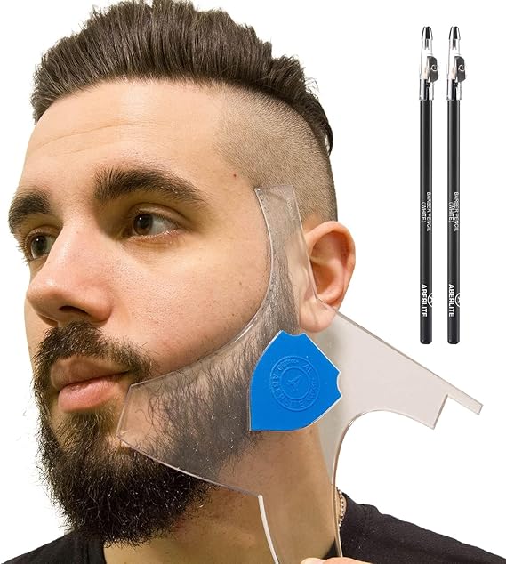 Aberlite Beard Shaper - Lineup Lineup Tool with Hairdresser Pencil (White) - Long Edges | Anti-Slip - The Ultimate Beard Shaping Tool (Blue)