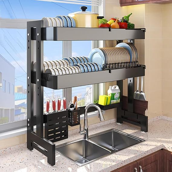 Expandable Adjustable Dish Drying Rack Over Sink, Kitchen Storage Rack, 3-Level Height,for Most Kitchen Sinks Space-Saving(Double-Layer)