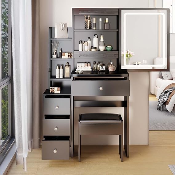 Makeup Vanity Desk Set with Sliding Lighted Mirror & Cushioned Stool, 3 Colors LED Lighted Makeup Vanity Drawer Dressing Table with Hidden Storage Shelves for Women Girls (Black+4 Drawers)