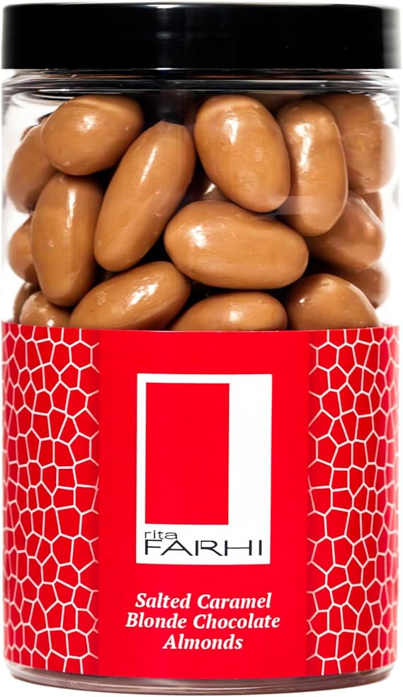 Rita Farhi Salted Caramel Blonde (White/Milk Mix) Chocolate Almonds in a Luxury Gift Jar 320g - New Palm Oil Free Recipe