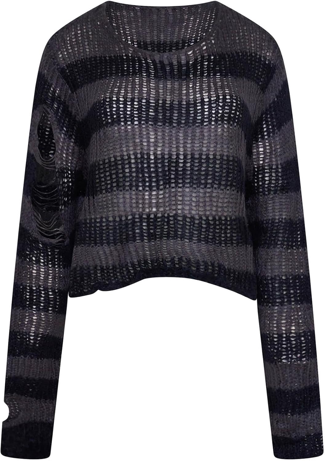 Ro Rox Ryette Cropped Striped Knit Jumper for Women – Distressed Oversized Grunge Gothic Sweater, Long Sleeve Alternative Punk Alt Top