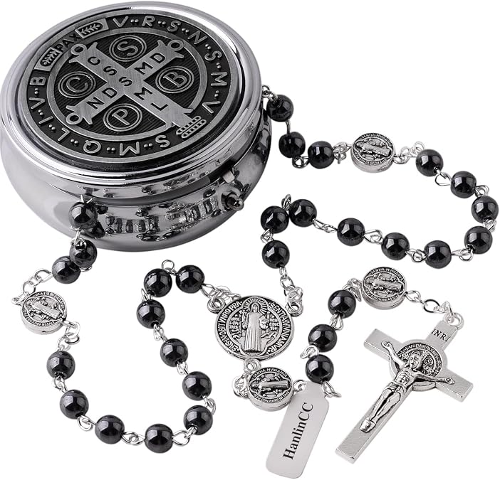 HanlinCC Catholic Rosary St.Benedict Necklace Hematite Beads with Gift Box | Silver plated Brass Sturdy Chain, Religious Jewelry for Adult Men and Women Communion, Pray, Baptism, Wedding