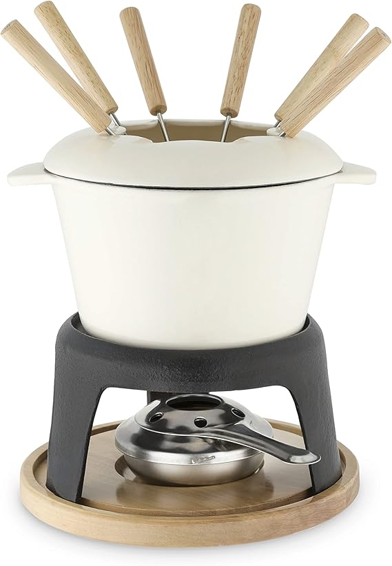 Twine Cast Iron Fondue Set with Metal Stand and Forks, Chocolate Melting Pot, Cheese Fondue Kit Set, Hosting Essentials 8.5", Off-Cream